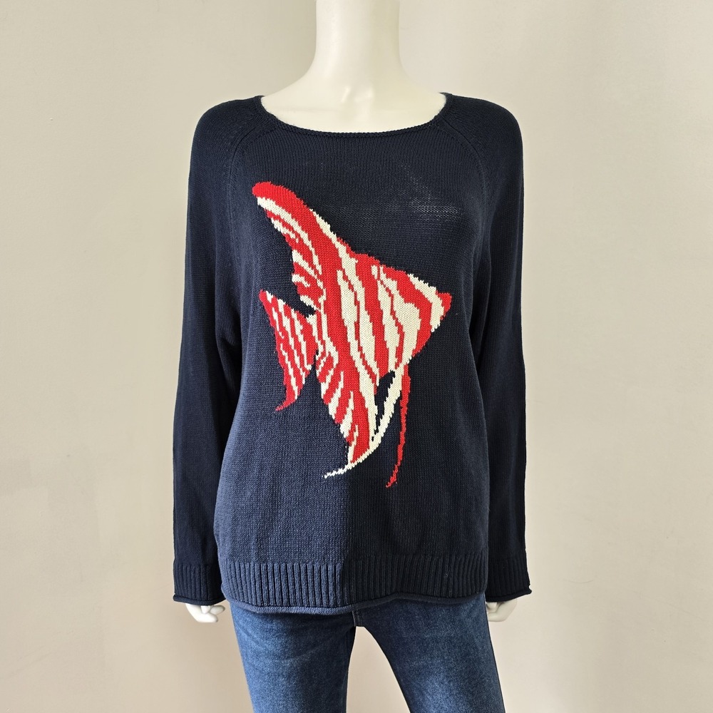 Ann Taylor Loft Fish Intarsia Sweater Pullover Navy Angelfish Nautical Size L